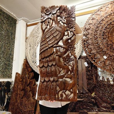 Hand-Carved Lanna Twin Peacock and Deer Wood Wall Art (Natural Tone)