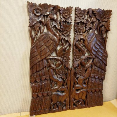Hand-Carved Lanna Twin Peacock and Deer Wood Wall Art (Natural Tone)