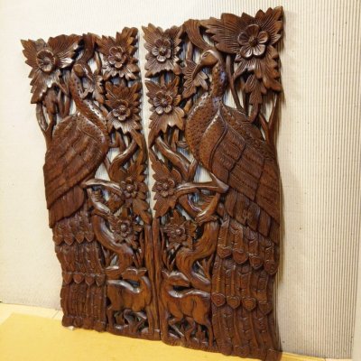 Hand-Carved Lanna Twin Peacock and Deer Wood Wall Art (Natural Tone)