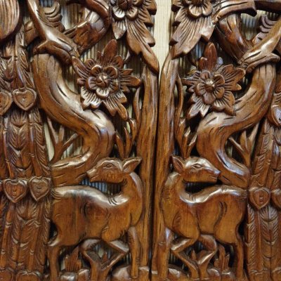 Hand-Carved Lanna Twin Peacock and Deer Wood Wall Art (Natural Tone)