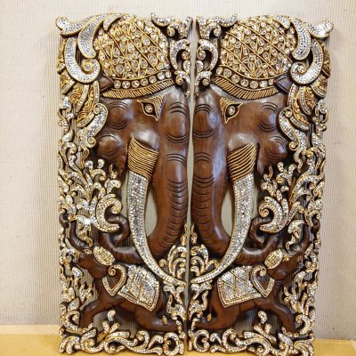 Set of 2: Luxury Thai Lanna Mirror-Inlay Elephant Wood Carving Panels