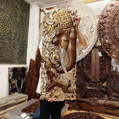 Set of 2: Luxury Thai Lanna Mirror-Inlay Elephant Wood Carving Panels