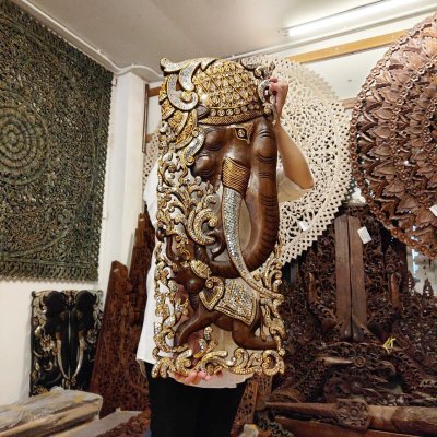 Set of 2: Luxury Thai Lanna Mirror-Inlay Elephant Wood Carving Panels