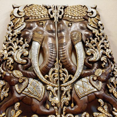 Set of 2: Luxury Thai Lanna Mirror-Inlay Elephant Wood Carving Panels
