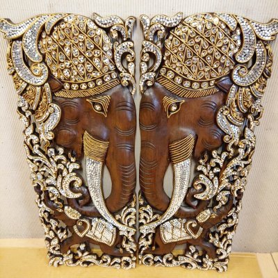 Set of 2: Luxury Thai Lanna Mirror-Inlay Elephant Wood Carving Panels