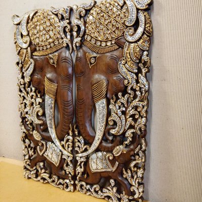 Set of 2: Luxury Thai Lanna Mirror-Inlay Elephant Wood Carving Panels