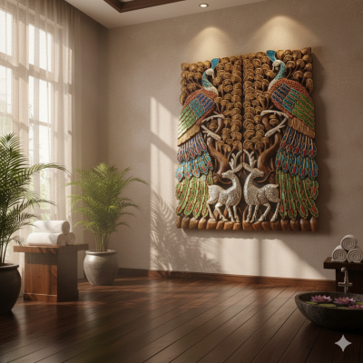 Hand Carved 3D Samanea Wood (Chumcha) Peacock & Deer Mosaic Panel (Set of 2)