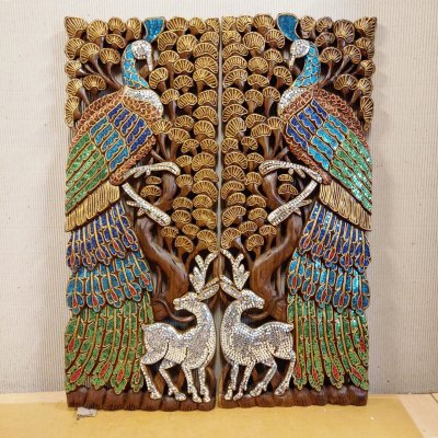 Hand Carved 3D Samanea Wood (Chumcha) Peacock & Deer Mosaic Panel (Set of 2)