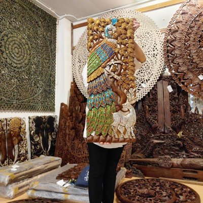 Hand Carved 3D Samanea Wood (Chumcha) Peacock & Deer Mosaic Panel (Set of 2)