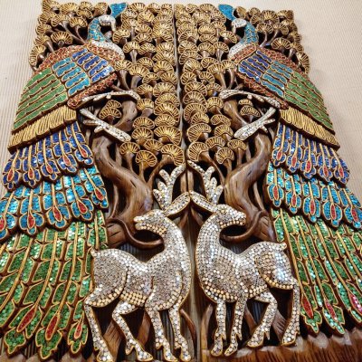 Hand Carved 3D Samanea Wood (Chumcha) Peacock & Deer Mosaic Panel (Set of 2)