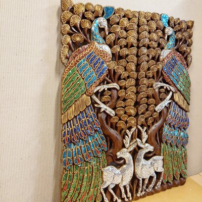 Hand Carved 3D Samanea Wood (Chumcha) Peacock & Deer Mosaic Panel (Set of 2)