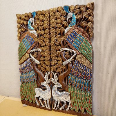 Hand Carved 3D Samanea Wood (Chumcha) Peacock & Deer Mosaic Panel (Set of 2)