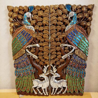 Hand Carved 3D Samanea Wood (Chumcha) Peacock & Deer Mosaic Panel (Set of 2)