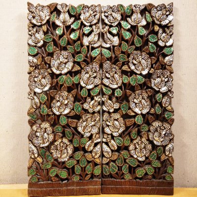 Set of 2: Exquisite Lanna Mirror-Inlay Rose Wood Carving Panels 14x36"