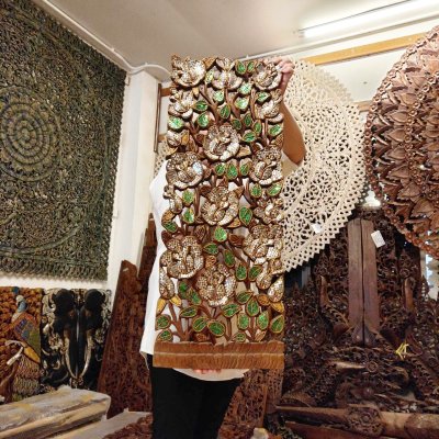 Set of 2: Exquisite Lanna Mirror-Inlay Rose Wood Carving Panels 14x36"