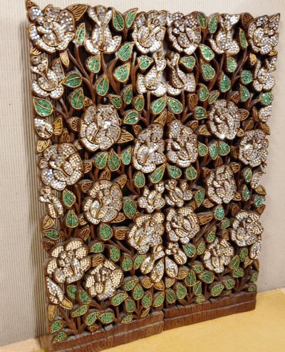 Set of 2: Exquisite Lanna Mirror-Inlay Rose Wood Carving Panels 14x36"