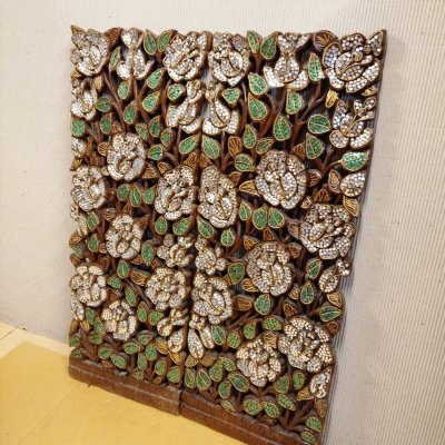 Set of 2: Exquisite Lanna Mirror-Inlay Rose Wood Carving Panels 14x36"
