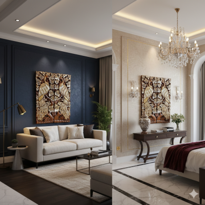 Hand-Carved Rain Tree Wood Peacock Wall Art with Mirror Inlay