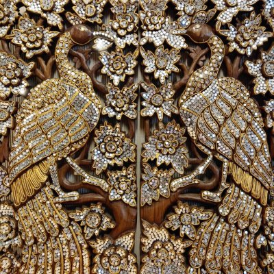 Hand-Carved Rain Tree Wood Peacock Wall Art with Mirror Inlay