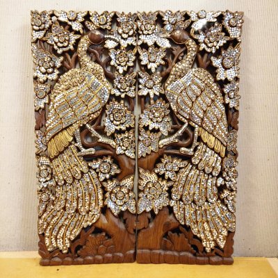 Hand-Carved Rain Tree Wood Peacock Wall Art with Mirror Inlay