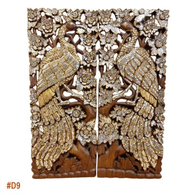 Hand-Carved Rain Tree Wood Peacock Wall Art with Mirror Inlay