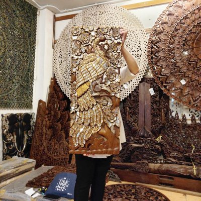 Hand-Carved Rain Tree Wood Peacock Wall Art with Mirror Inlay