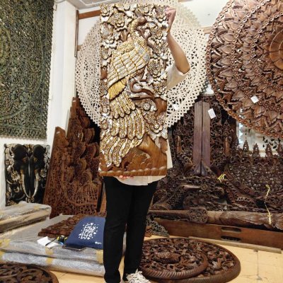 Hand-Carved Rain Tree Wood Peacock Wall Art with Mirror Inlay