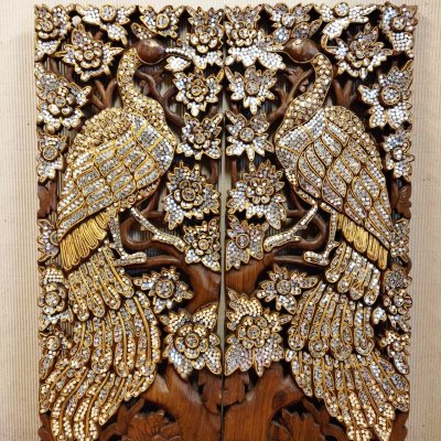 Hand-Carved Rain Tree Wood Peacock Wall Art with Mirror Inlay