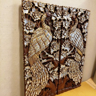 Hand-Carved Rain Tree Wood Peacock Wall Art with Mirror Inlay