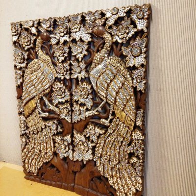 Hand-Carved Rain Tree Wood Peacock Wall Art with Mirror Inlay