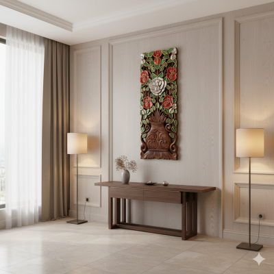 Lanna Samanea Wood Hand-Carved Rose Panel with Glass Inlay