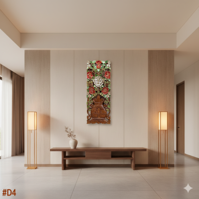 Lanna Samanea Wood Hand-Carved Rose Panel with Glass Inlay