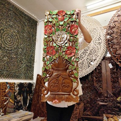 Lanna Samanea Wood Hand-Carved Rose Panel with Glass Inlay