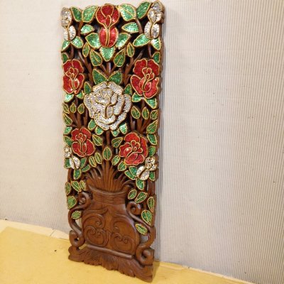 Lanna Samanea Wood Hand-Carved Rose Panel with Glass Inlay