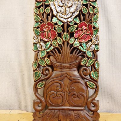 Lanna Samanea Wood Hand-Carved Rose Panel with Glass Inlay