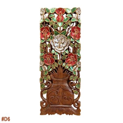 Lanna Samanea Wood Hand-Carved Rose Panel with Glass Inlay