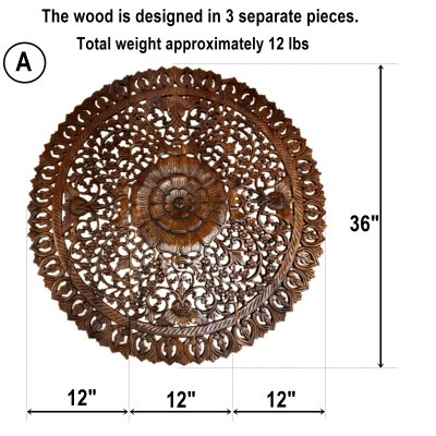 Round Floral Mandala Wood Carving Panel (90 cm, 3-Piece Set)