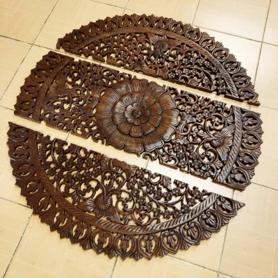Round Floral Mandala Wood Carving Panel (90 cm, 3-Piece Set)