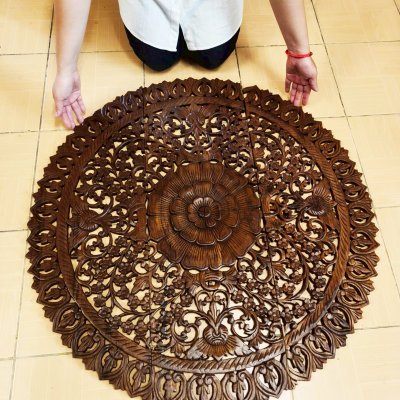Round Floral Mandala Wood Carving Panel (90 cm, 3-Piece Set)