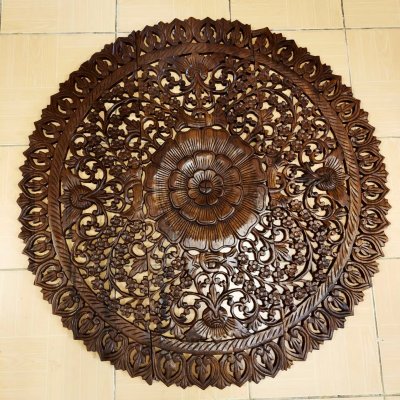 Round Floral Mandala Wood Carving Panel (90 cm, 3-Piece Set)