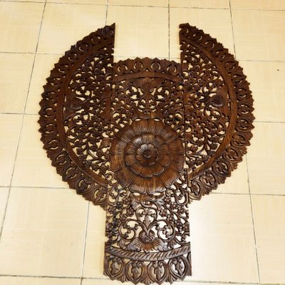 Round Floral Mandala Wood Carving Panel (90 cm, 3-Piece Set)