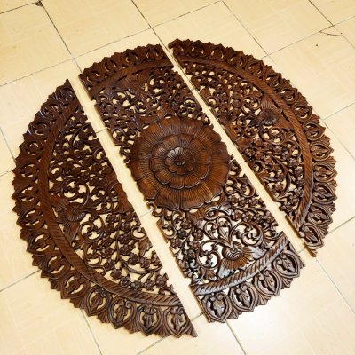 Round Floral Mandala Wood Carving Panel (90 cm, 3-Piece Set)