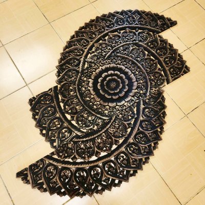 Round Black Floral Mandala Wood Carving Panel (90 cm, 3-Piece Set)