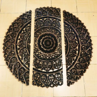 Round Black Floral Mandala Wood Carving Panel (90 cm, 3-Piece Set)