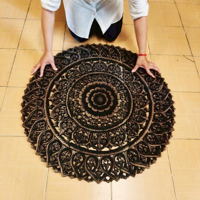 Round Black Floral Mandala Wood Carving Panel (90 cm, 3-Piece Set)