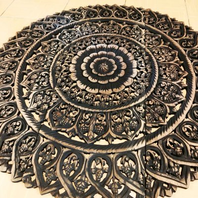 Round Black Floral Mandala Wood Carving Panel (90 cm, 3-Piece Set)