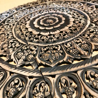 Round Black Floral Mandala Wood Carving Panel (90 cm, 3-Piece Set)