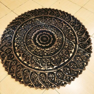 Round Black Floral Mandala Wood Carving Panel (90 cm, 3-Piece Set)