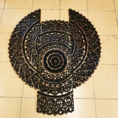 Round Black Floral Mandala Wood Carving Panel (90 cm, 3-Piece Set)