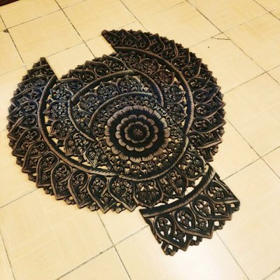 Round Black Floral Mandala Wood Carving Panel (90 cm, 3-Piece Set)